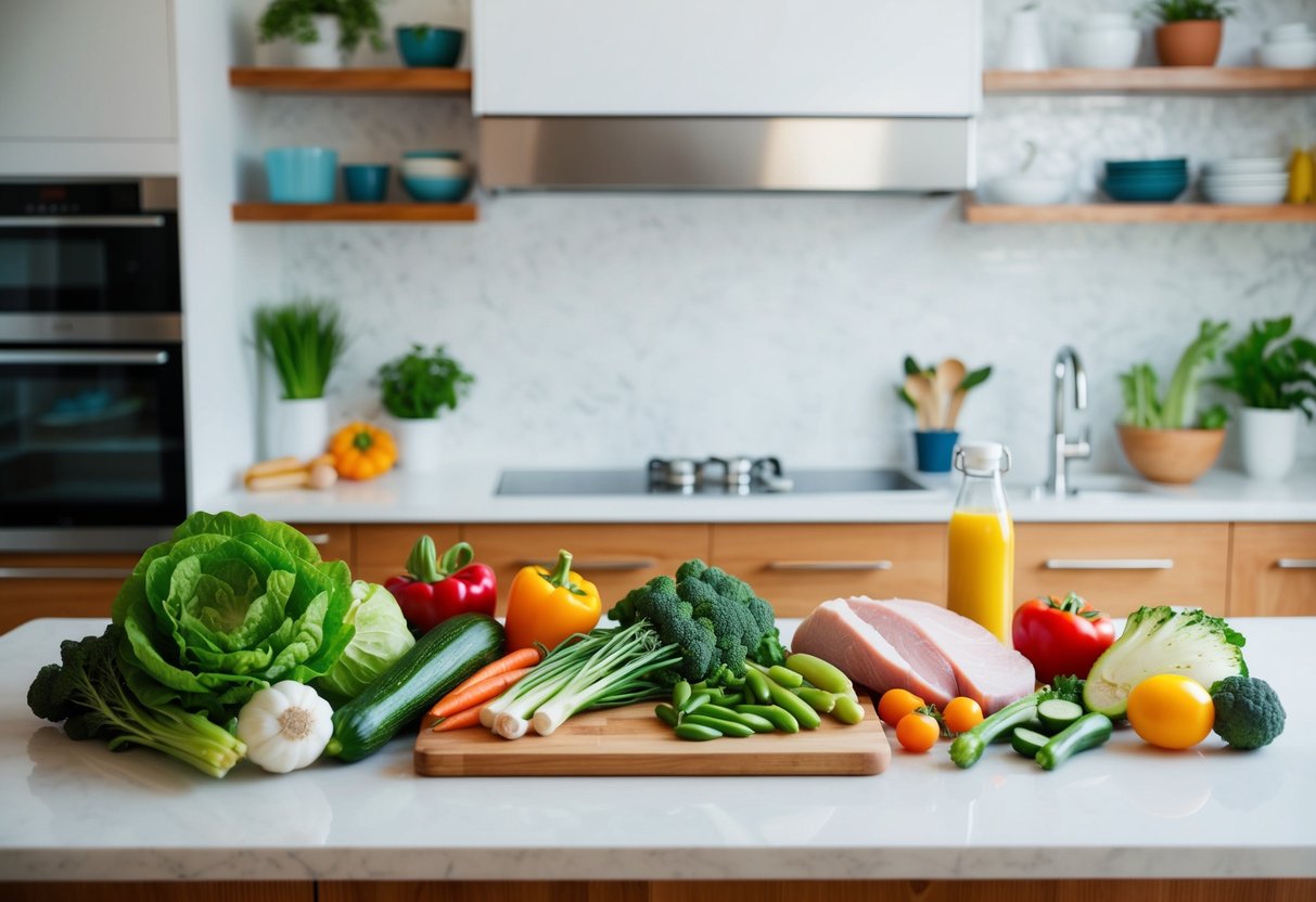 A kitchen counter with a variety of fresh vegetables, lean proteins, and healthy fats laid out for meal planning