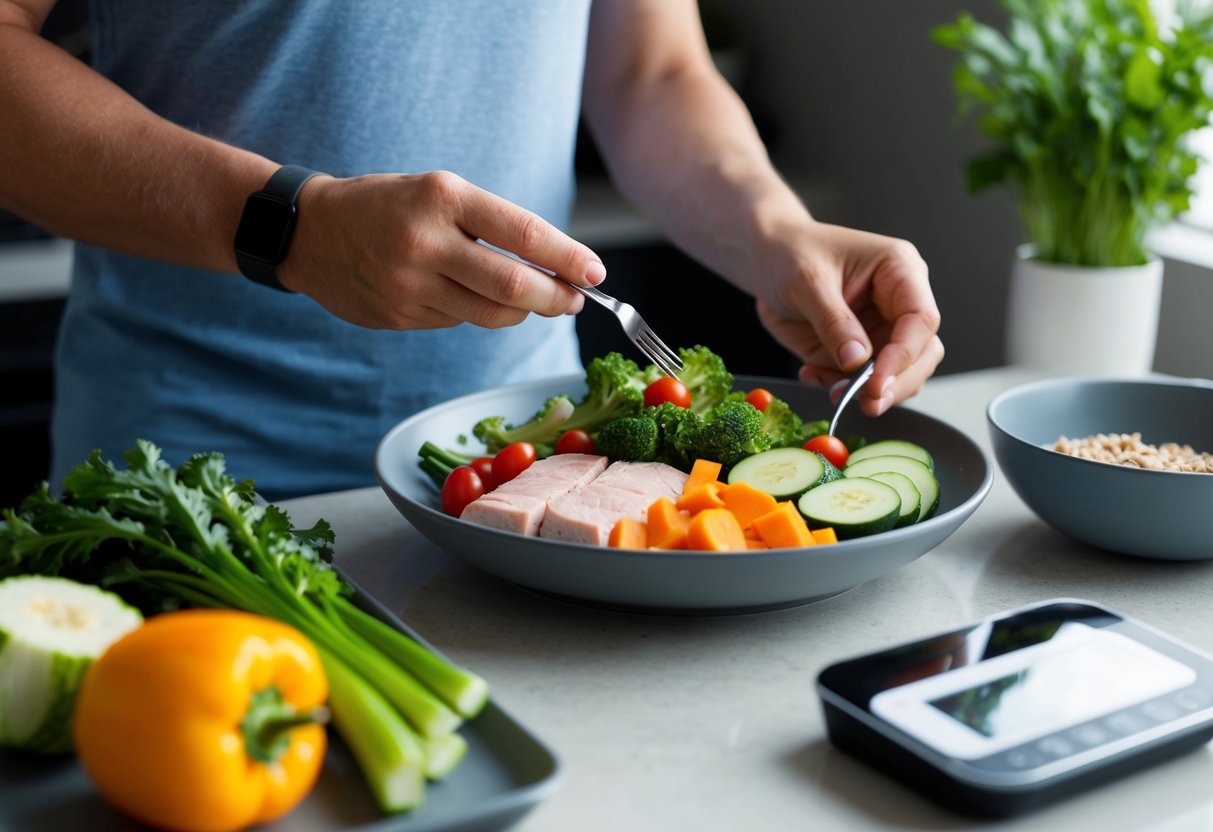 A person preparing a balanced keto meal with fresh vegetables and lean protein, while also checking blood sugar levels