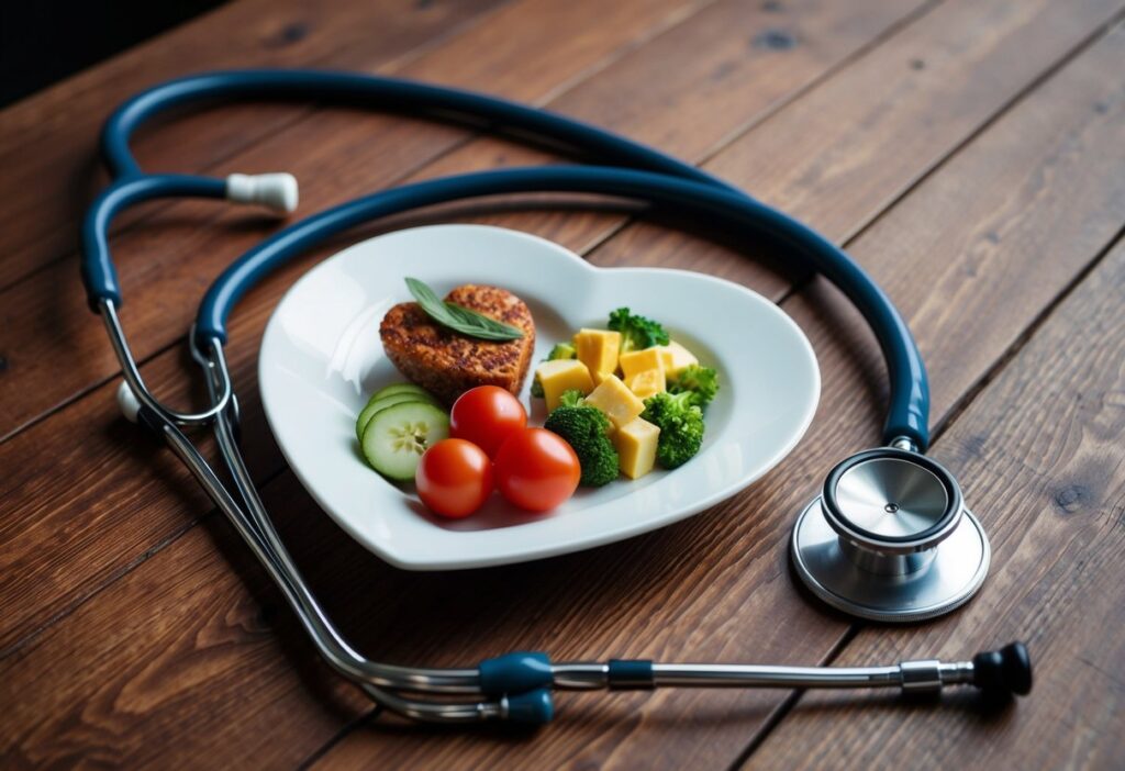 v2-oj64c-1f8dg A top-down view of a vibrant heart-shaped plate filled with colorful keto-friendly foods such as grilled salmon, avocado, leafy greens, boiled eggs, and cherry tomatoes, placed on a rustic wooden table. Around the plate are scattered walnuts, olive oil, and a stethoscope, symbolizing heart health and nutrition.