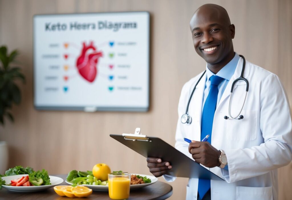 v2-oj673-sfz1g A cheerful doctor in a white coat holding a clipboard, standing beside a table with a variety of keto-friendly ingredients: almonds, olive oil, salmon, spinach, and avocados. He is explaining about keto diet and heart health with a heart diagram is displayed on a whiteboard in the background, emphasizing cardiovascular benefits.