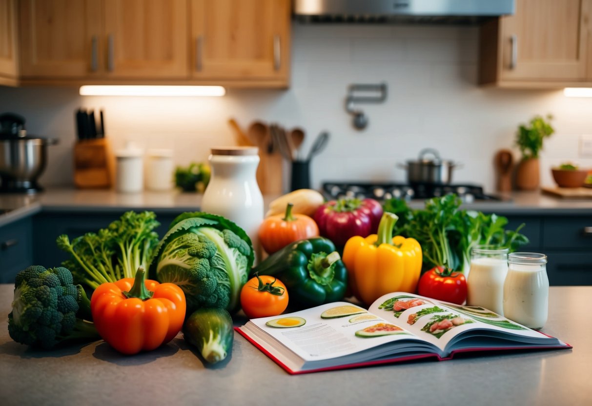 Fresh vegetables, meat, and dairy products arranged on a kitchen counter, with a cookbook open to a page of keto recipes