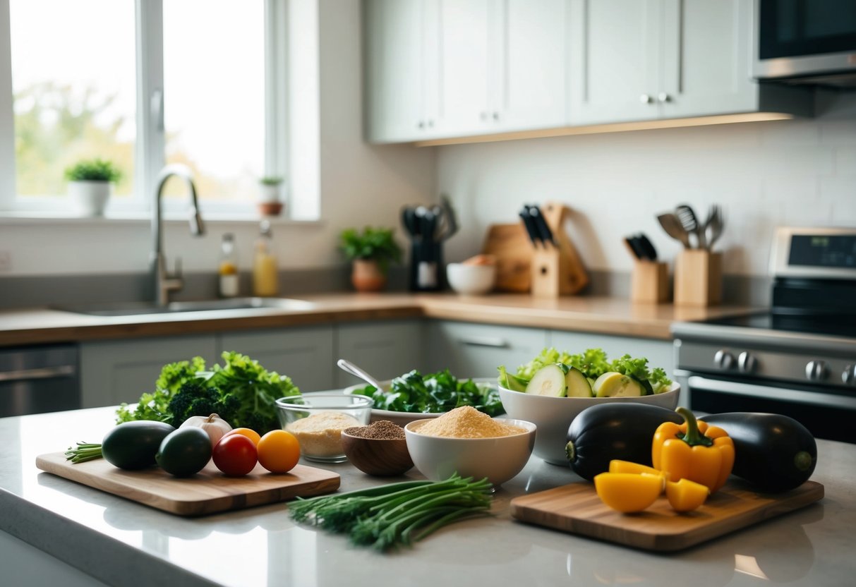 A kitchen counter with various low-carb ingredients and kitchen utensils for preparing keto recipes