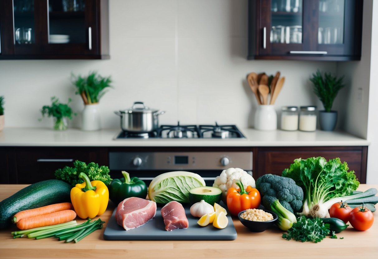 A kitchen counter with various fresh vegetables, lean meats, and healthy fats laid out for meal planning