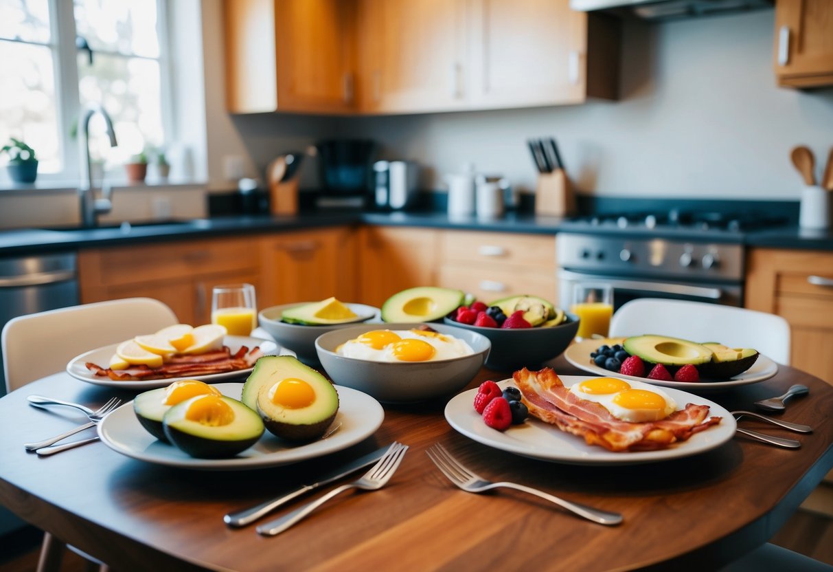 A table set with a variety of keto breakfast options, including eggs, avocado, bacon, and berries, surrounded by a warm and inviting kitchen