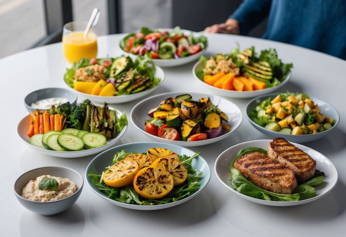 A colorful array of keto-friendly lunch options, including salads, grilled vegetables, and lean proteins, arranged on a clean, modern table setting