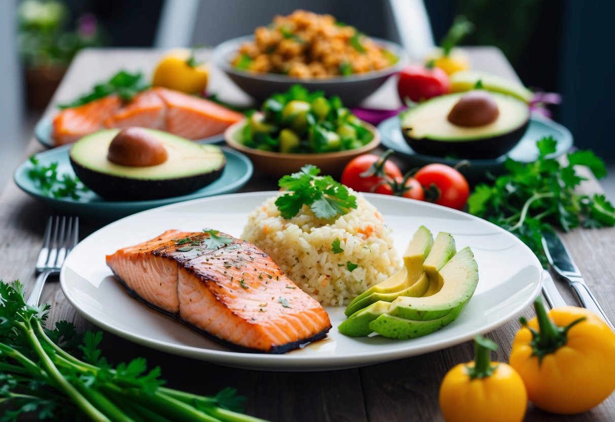 A table set with a variety of keto dinner dishes, including grilled salmon, cauliflower rice, and avocado salad, surrounded by colorful vegetables and herbs