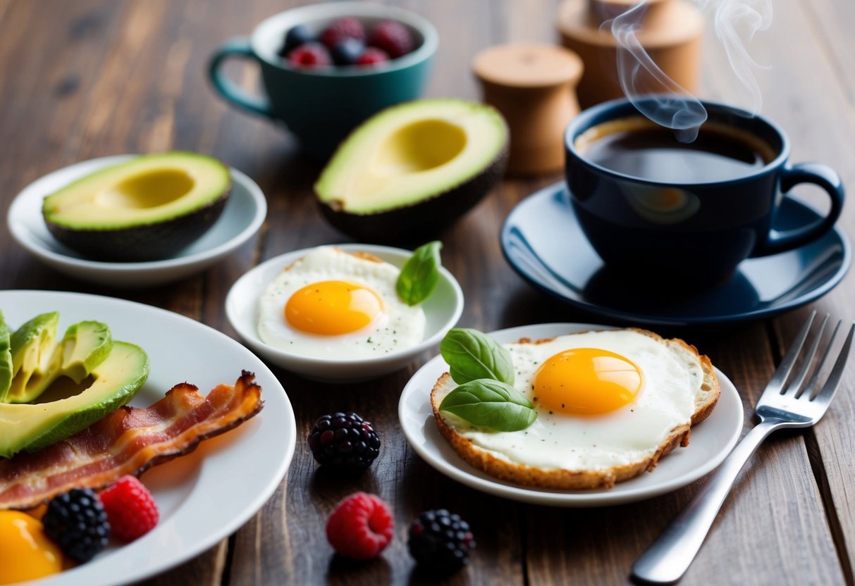 A sample of keto breakfast recipes. A table set with a variety of keto-friendly breakfast foods, including eggs, avocado, bacon, and berries, with a steaming cup of black coffee