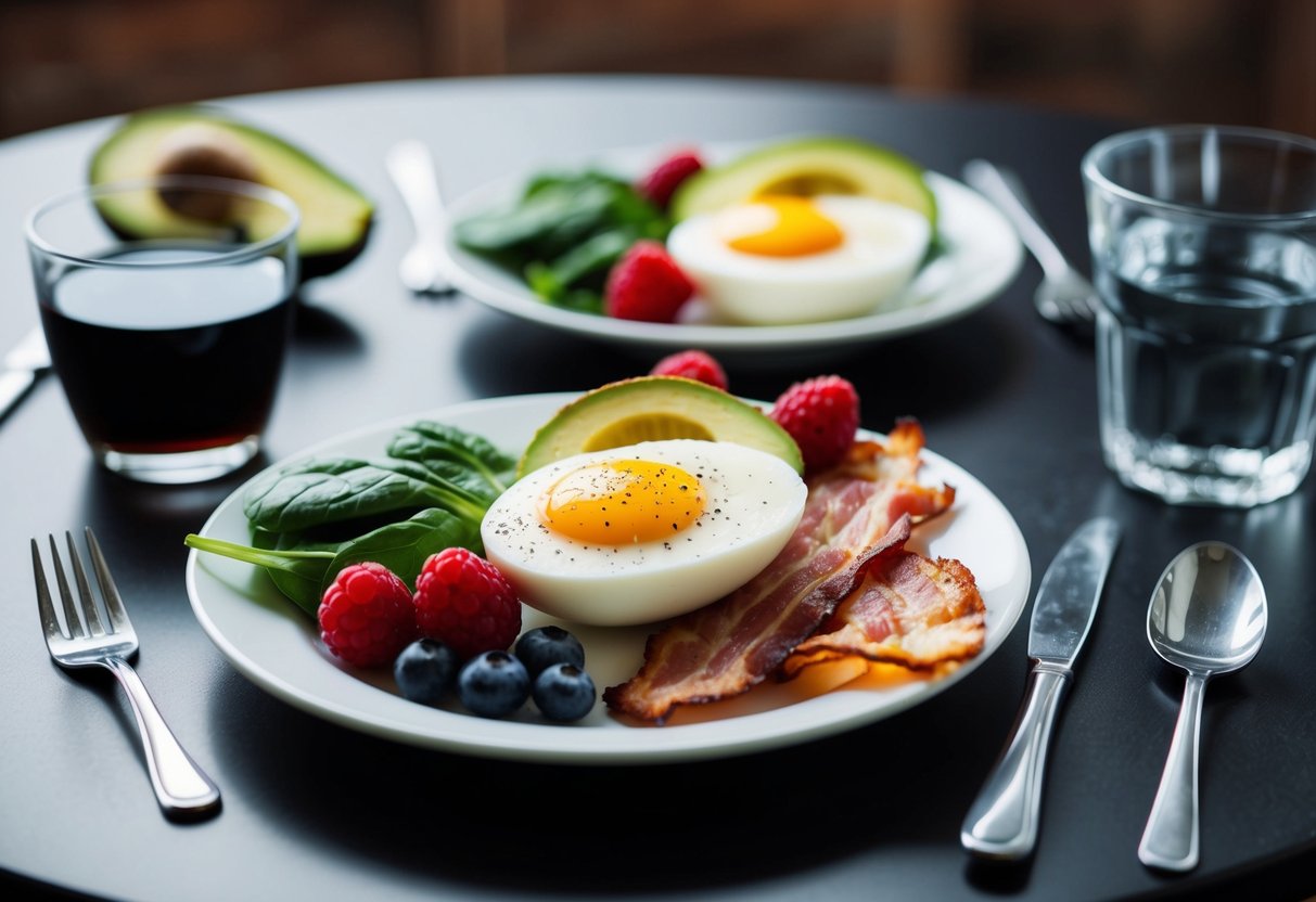 A table set with keto-friendly breakfast foods: eggs, avocado, bacon, spinach, and berries. A cup of black coffee and a glass of water complete the scene