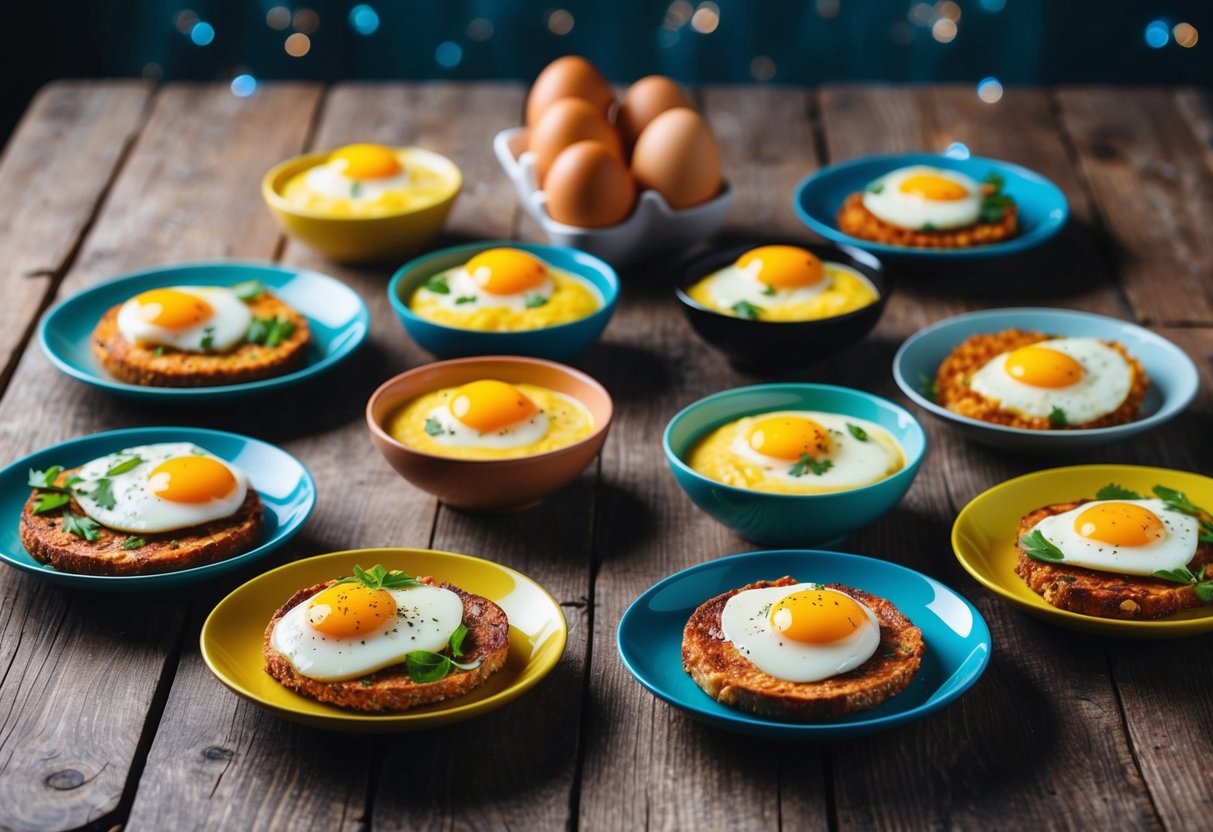A colorful array of keto breakfast dishes, featuring eggs as the main ingredient, arranged on a rustic wooden table