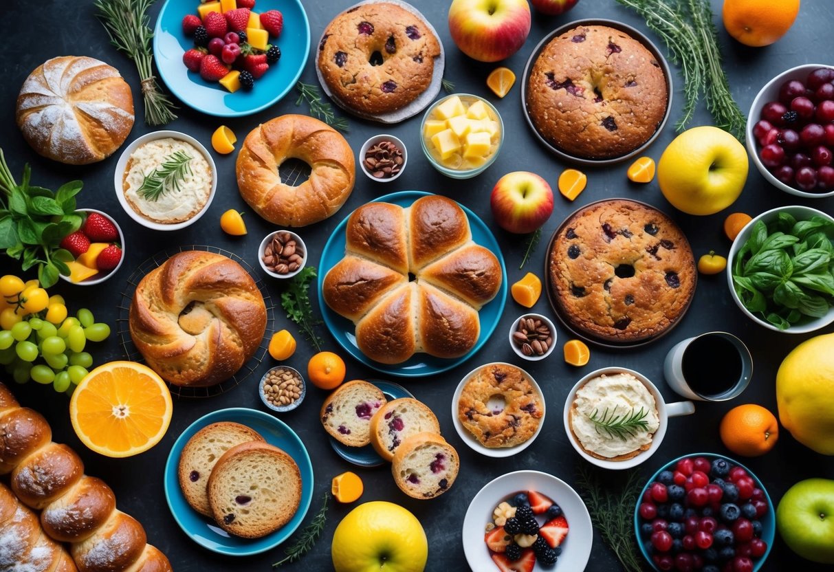 A table spread with a variety of freshly baked keto breads, pastries, and breakfast items, surrounded by colorful fruits and herbs