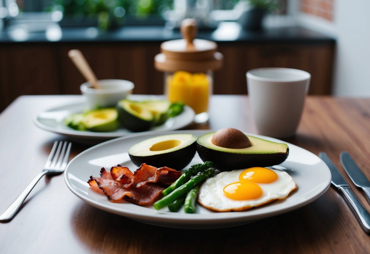 A breakfast table with keto-friendly sides and condiments, such as avocado, eggs, bacon, and low-carb vegetables, arranged neatly on a plate
