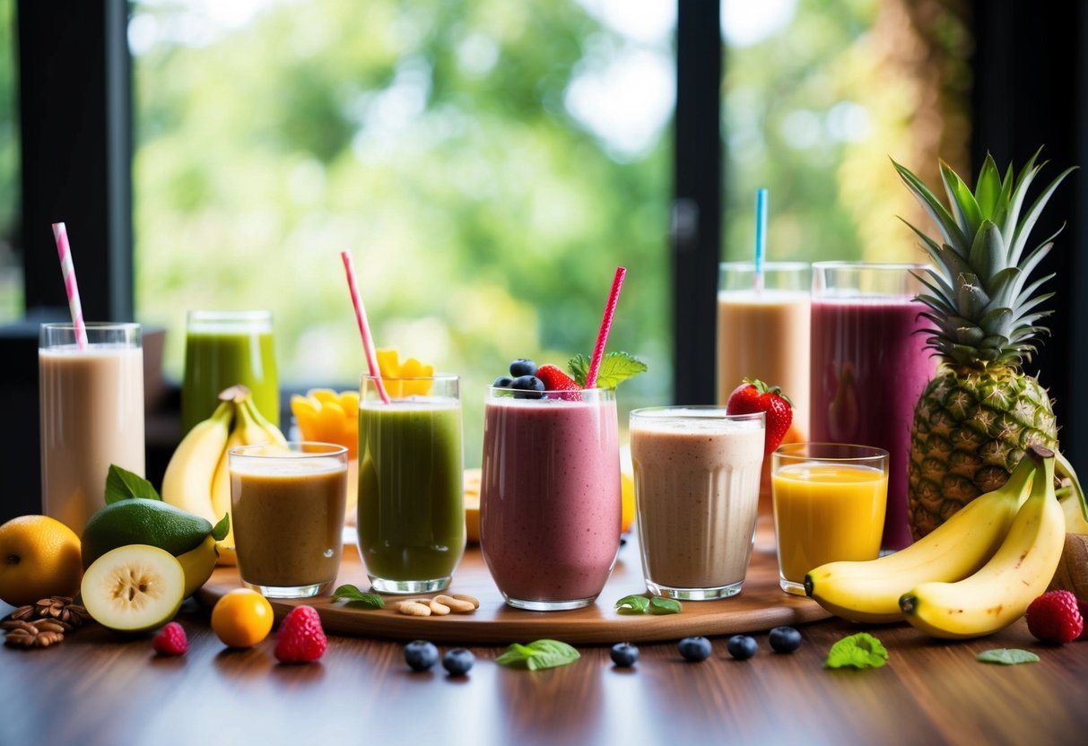A table with a variety of keto-friendly beverages and smoothies, surrounded by fresh fruits and ingredients for breakfast recipes