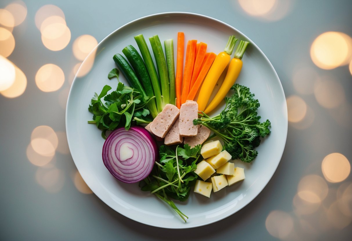 A colorful array of fresh vegetables, lean proteins, and healthy fats arranged on a clean, minimalist plate