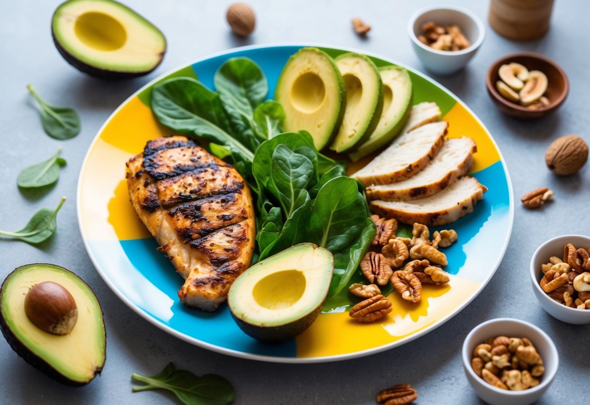 A colorful plate with a variety of keto-friendly foods, such as avocado, grilled chicken, leafy greens, and nuts, arranged in an appealing and appetizing manner