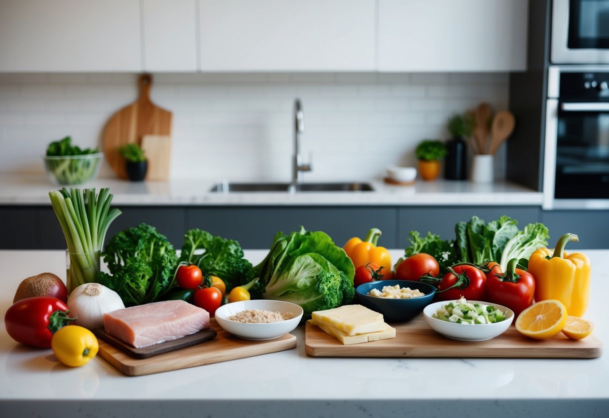 A colorful array of keto lunch recipes ingredients spread out on a clean, modern kitchen counter. Fresh vegetables, lean proteins, and healthy fats are neatly organized and ready to be prepared