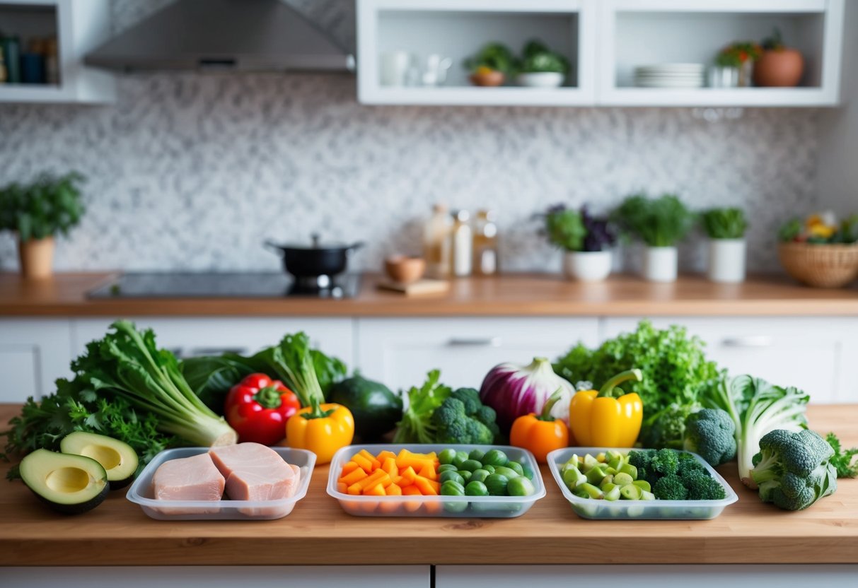 A kitchen counter with various fresh vegetables, lean proteins, and healthy fats laid out for meal prepping keto lunches