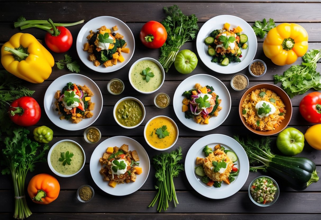 A colorful array of keto-friendly lunch dishes spread out on a wooden table surrounded by fresh vegetables and herbs