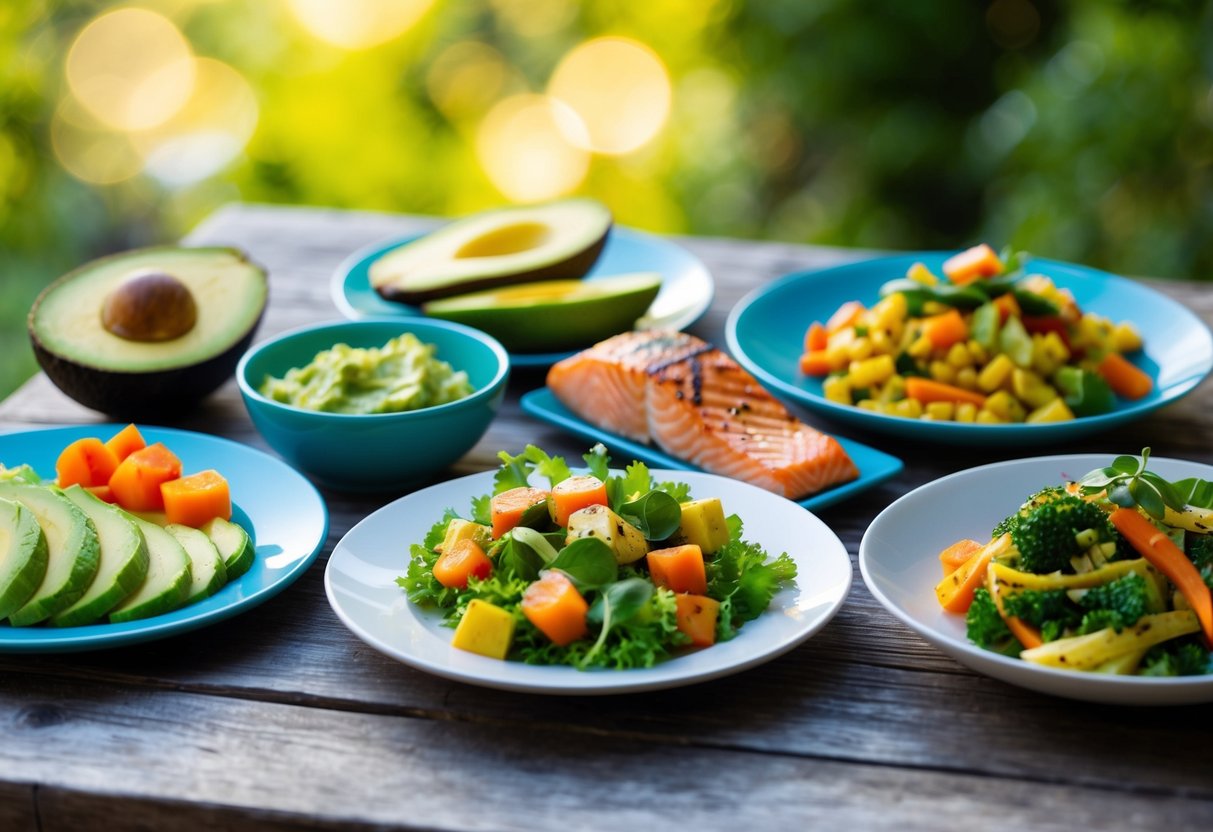 A colorful spread of keto lunch dishes arranged on a rustic wooden table, including avocado salad, grilled salmon, and vegetable stir-fry