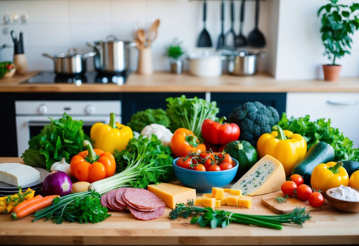 A colorful array of fresh vegetables, meats, and cheeses arranged on a kitchen counter, with various kitchen utensils and cookware nearby