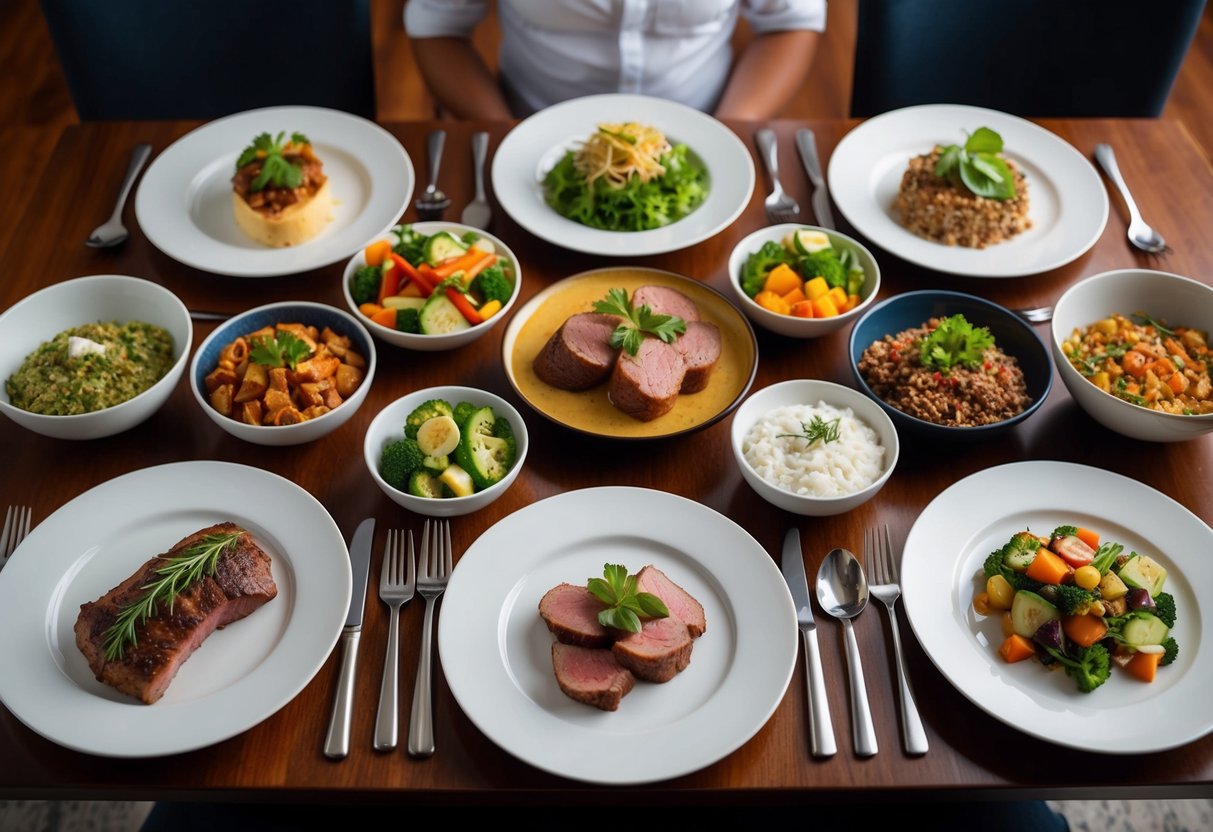 A dinner table set with 10 different keto dishes, including meats, vegetables, and salads, arranged in an appetizing and visually appealing manner
