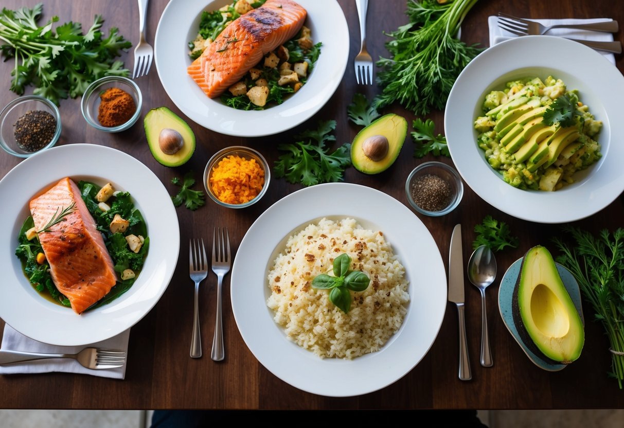 A table set with a variety of keto dinner dishes, including grilled salmon, cauliflower rice, and avocado salad, surrounded by vibrant herbs and spices