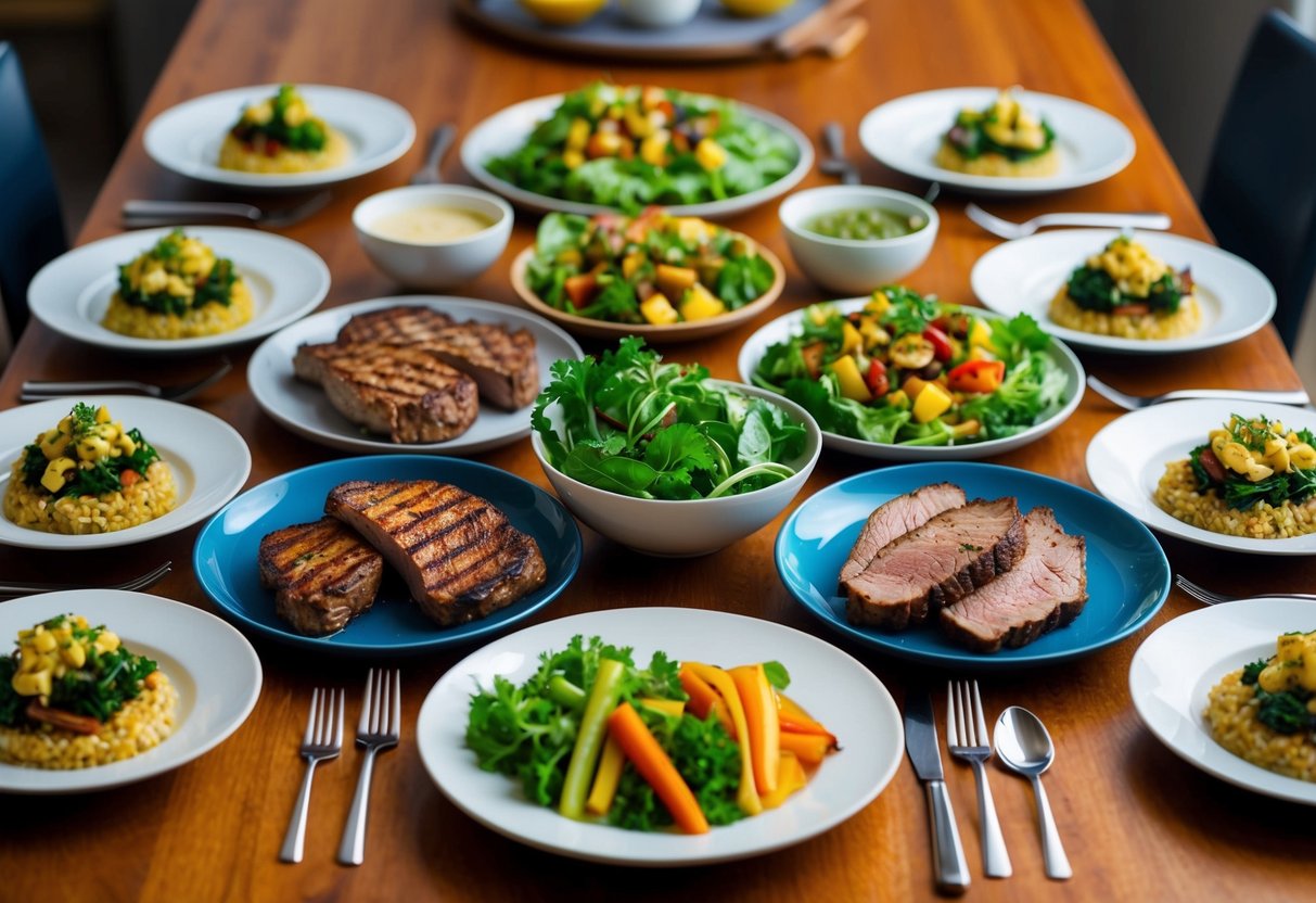 A table set with a variety of keto-friendly dinner dishes, including grilled meats, leafy green salads, and colorful vegetable sides