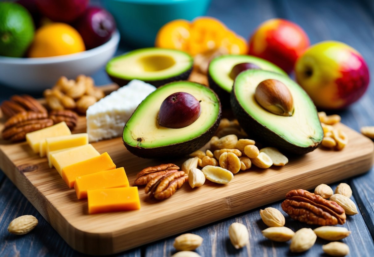 A colorful array of keto snacks, including nuts, cheese, and avocado, arranged on a wooden cutting board with vibrant fruits in the background