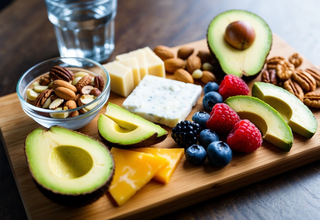 A variety of keto-friendly snacks arranged on a wooden cutting board, including nuts, cheese, avocado slices, and berries, with a glass of water nearby