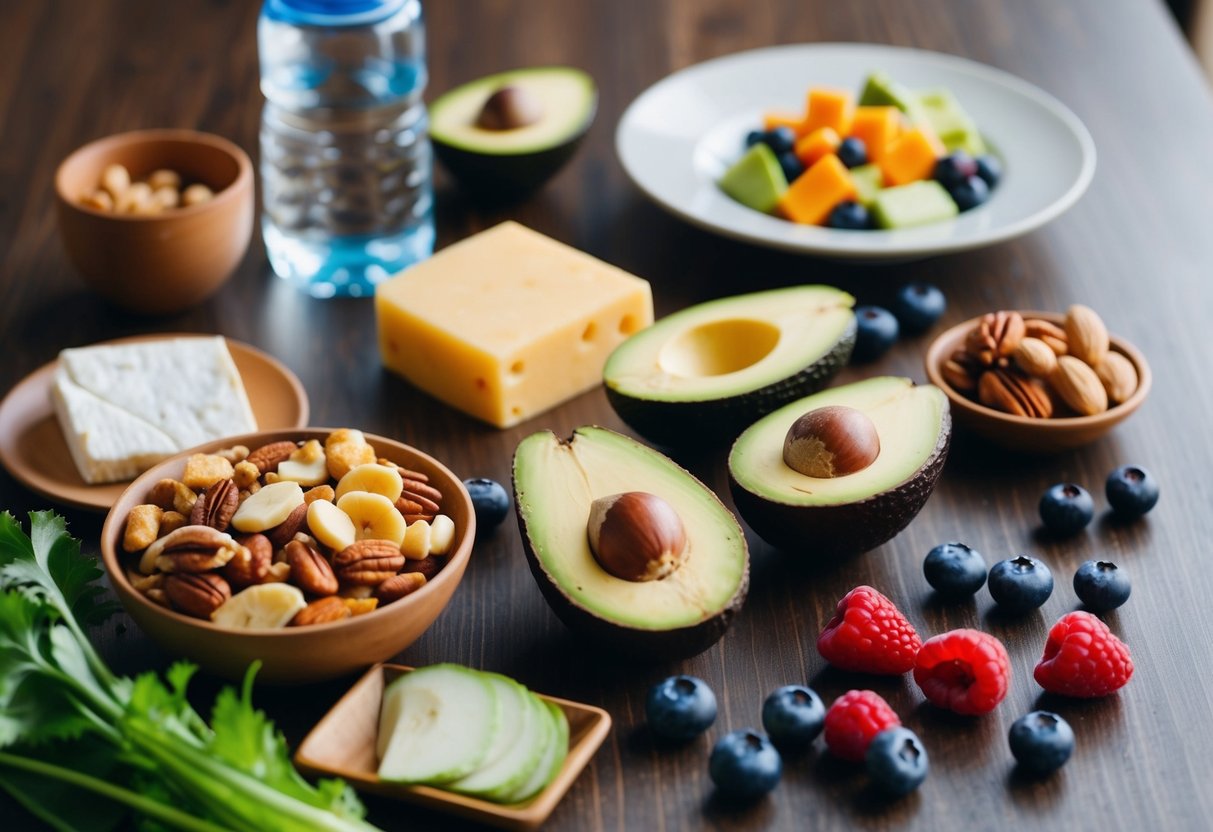 A table spread with keto-friendly snacks: nuts, cheese, avocado, and berries. A water bottle and a plate of sliced vegetables complete the scene