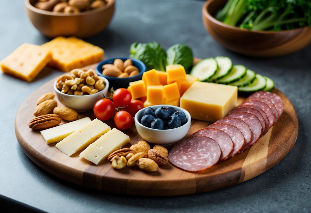 A variety of keto-friendly snacks arranged on a wooden board with nuts, cheese, vegetables, and meat slices