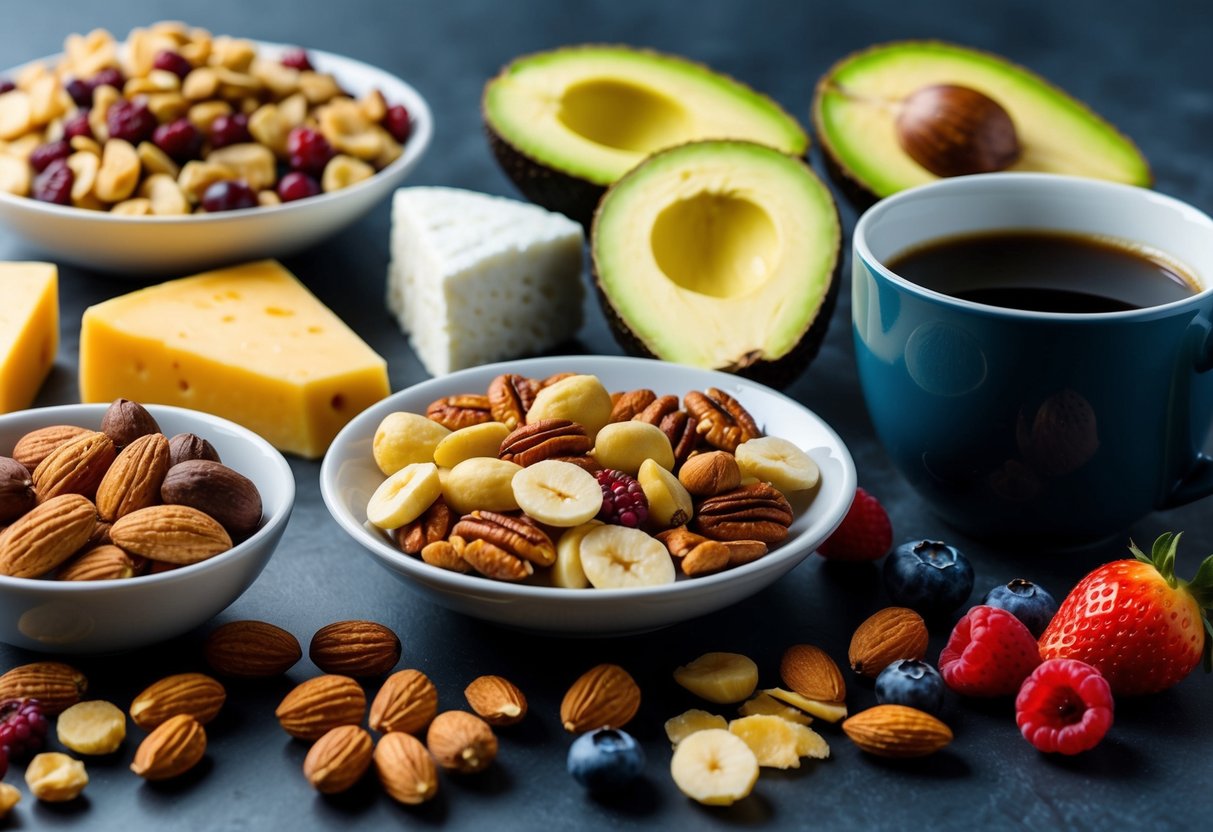 A variety of keto-friendly snacks arranged on a table, including nuts, cheese, avocado slices, and berries. A cup of bulletproof coffee sits next to the snacks