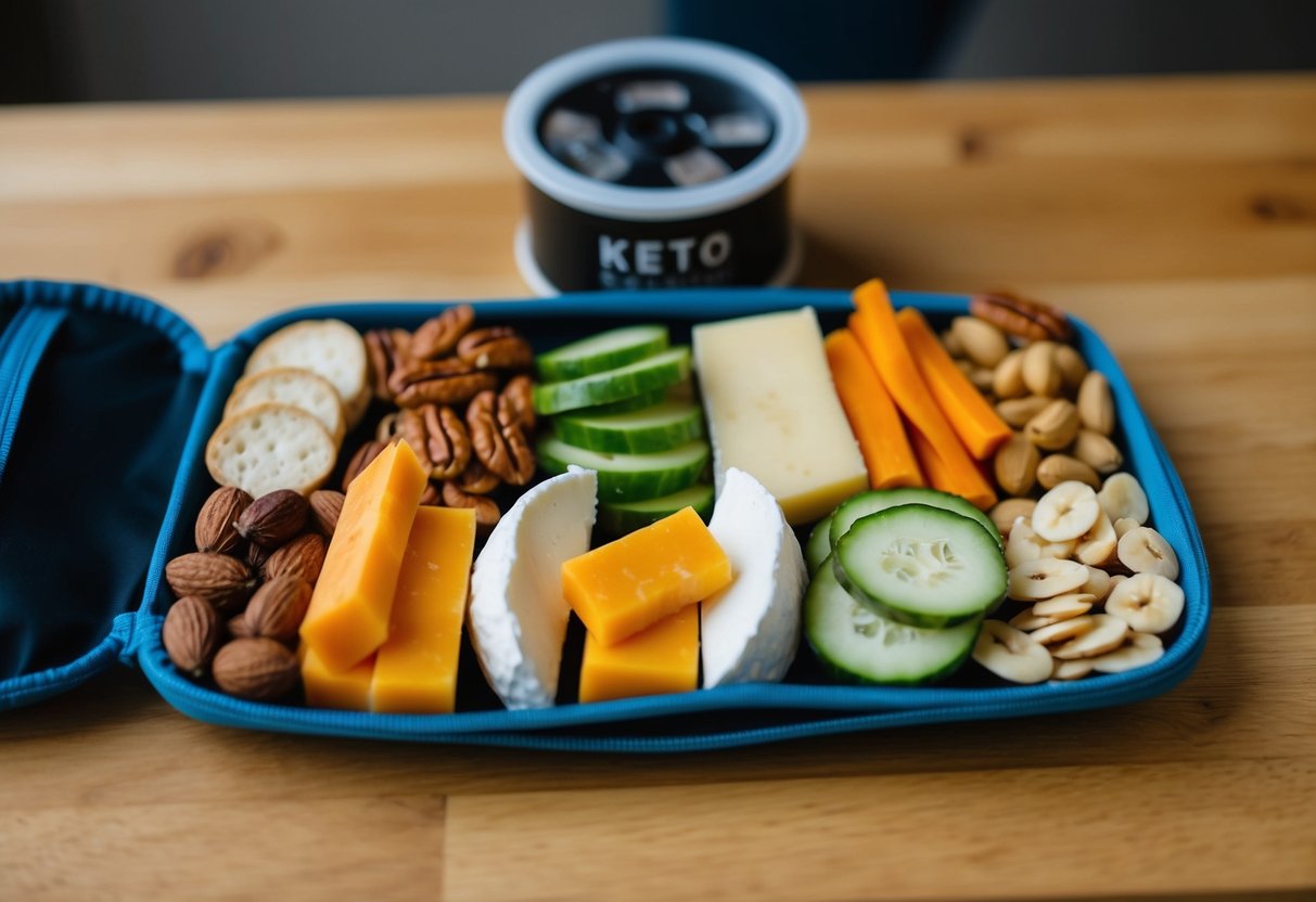 A variety of keto-friendly snacks arranged neatly in a portable pack, including nuts, cheese, and sliced vegetables