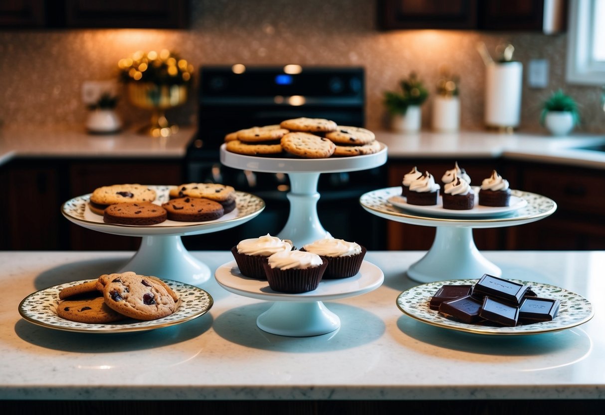 A kitchen counter with a variety of keto desserts displayed on decorative plates and stands. The desserts include cookies, cakes, and chocolate treats, all arranged in an appetizing manner