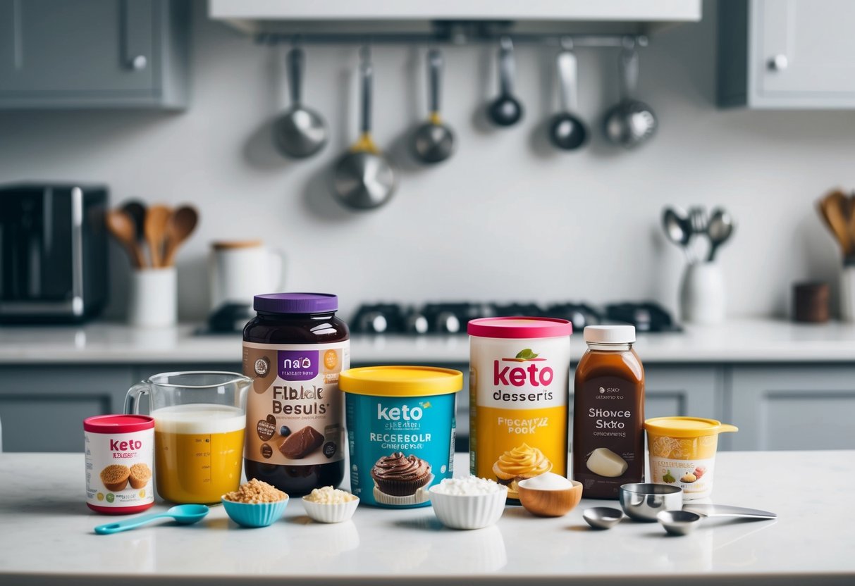 A variety of keto-friendly dessert ingredients and their substitutes arranged on a kitchen counter, surrounded by measuring cups and spoons