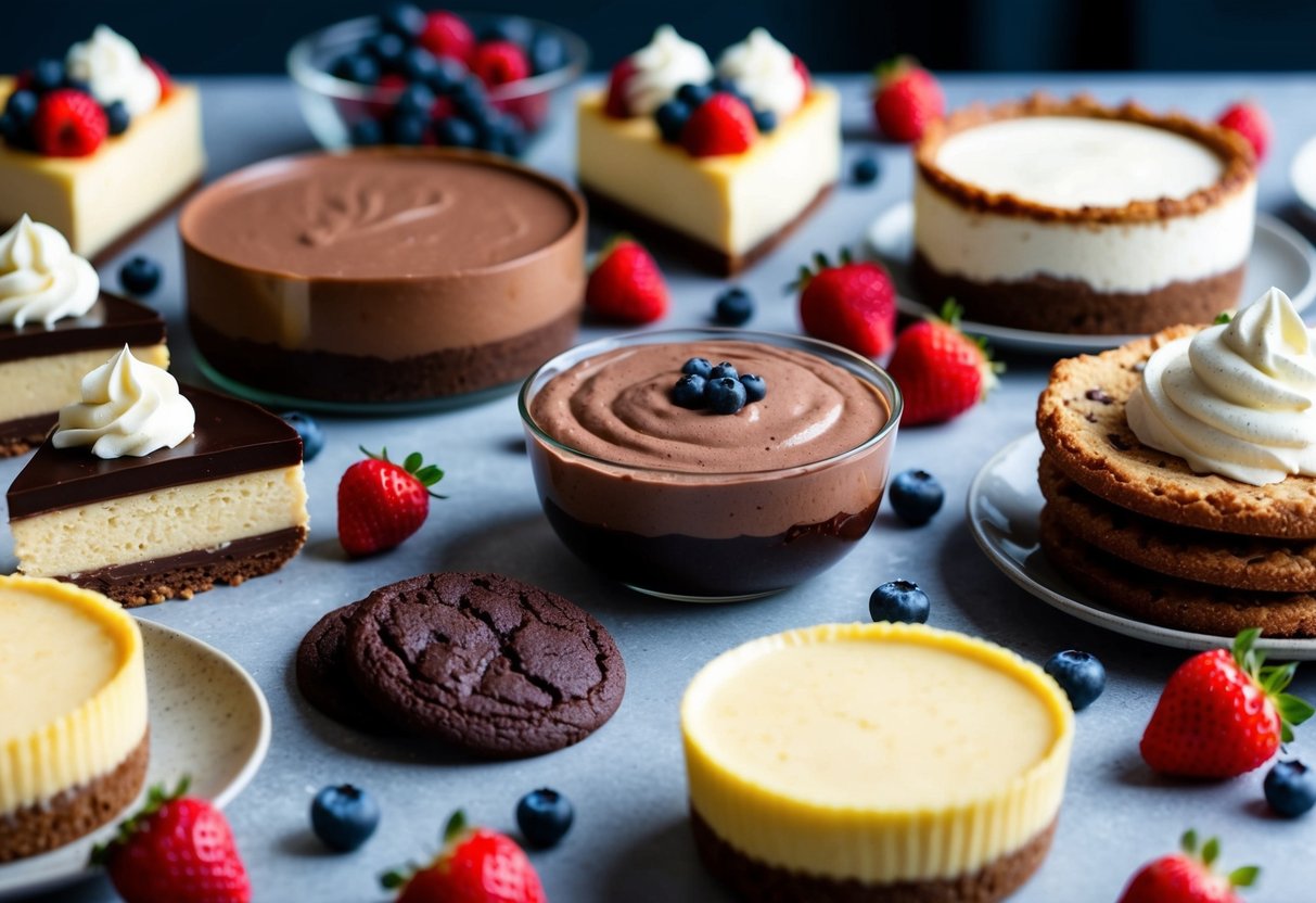 A table filled with various keto desserts, including cheesecake, chocolate mousse, and almond flour cookies, surrounded by fresh berries and whipped cream