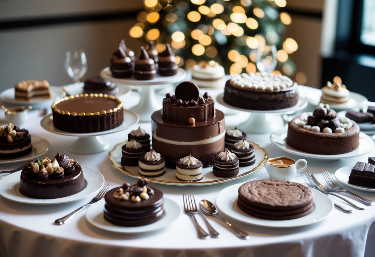 A table filled with a variety of decadent chocolate desserts, from cakes to cookies, surrounded by elegant serving dishes and utensils