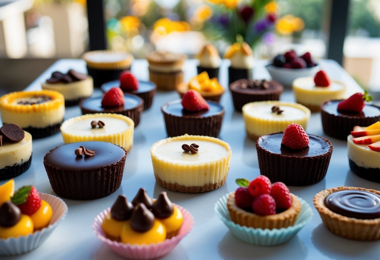 A table spread with an assortment of keto desserts, including creamy cheesecakes, rich chocolate treats, and colorful fruit tarts