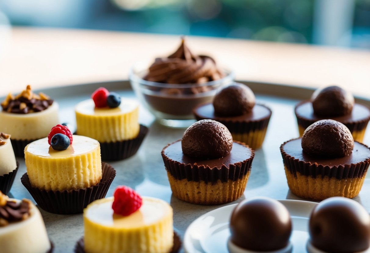 A variety of keto-friendly desserts displayed on a table, including cheesecake bites, chocolate mousse, and coconut balls