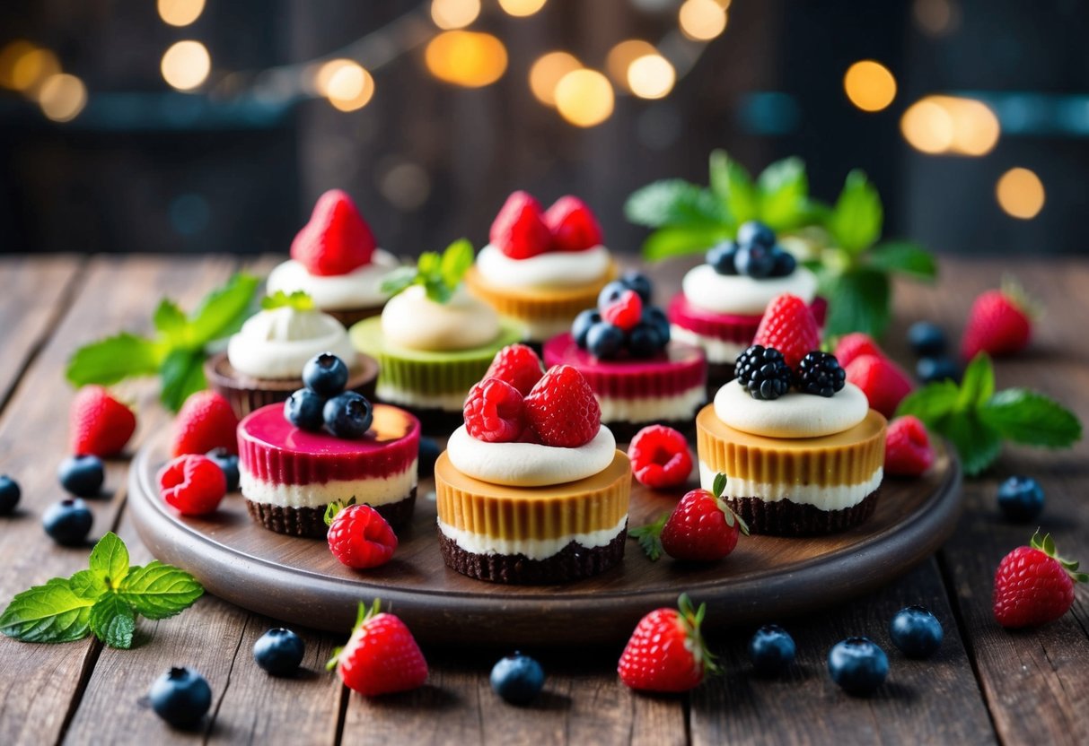 A colorful array of keto desserts displayed on a rustic wooden table, surrounded by fresh berries and mint leaves