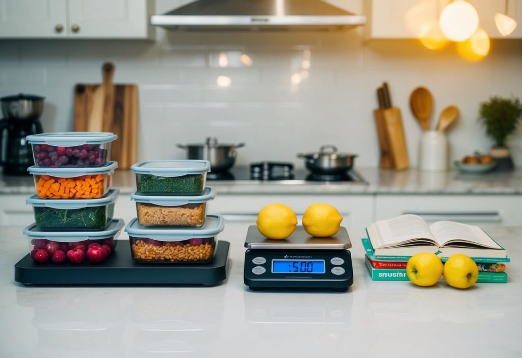 A visual of items for starting keto: meal prep containers, a food scale, a recipe book, and labeled pantry items.