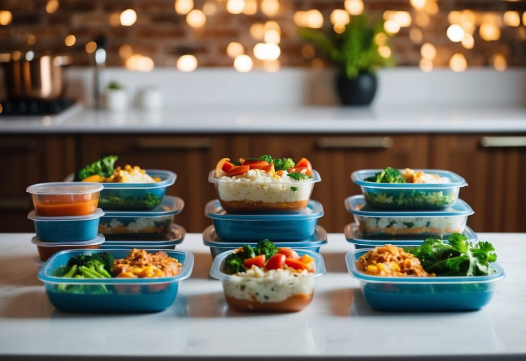A week's worth of meal prep containers arranged neatly, each filled with keto dishes like grilled salmon, roasted vegetables, and leafy gree