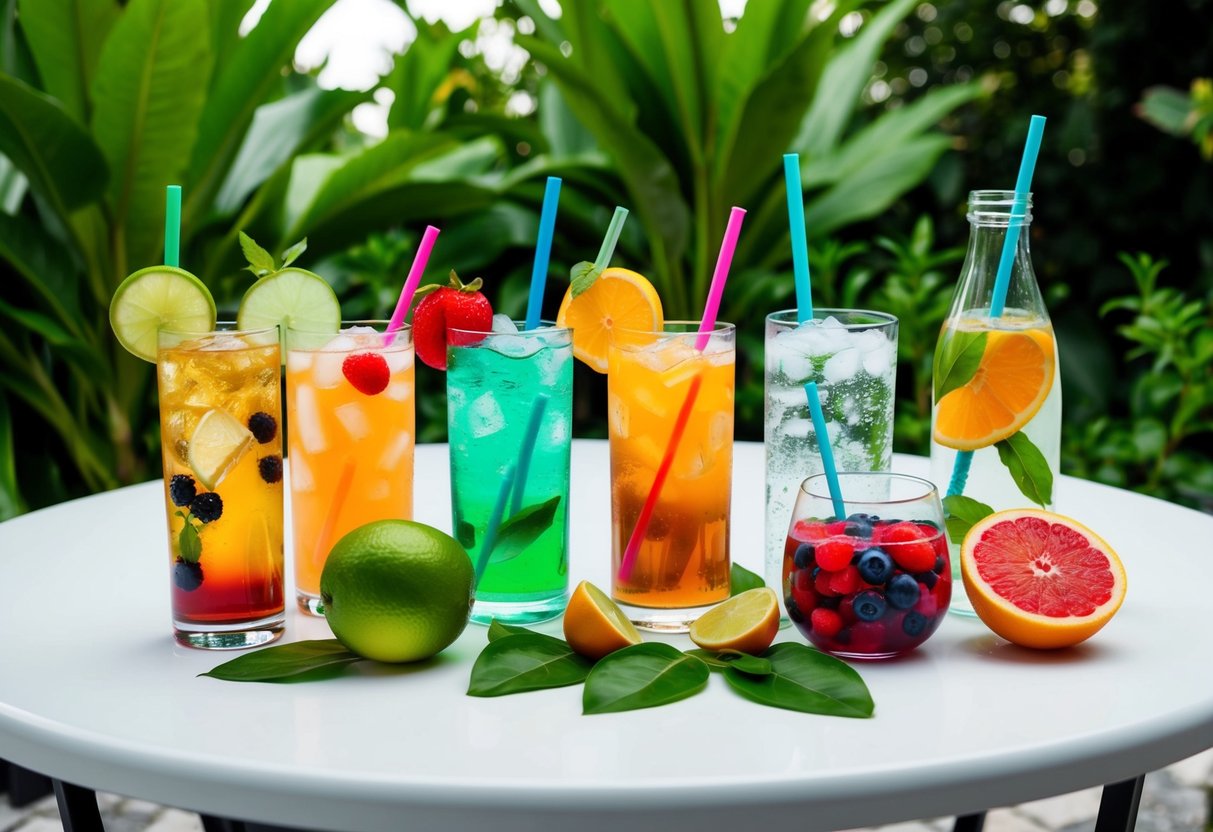 A table set with a variety of colorful, refreshing drinks including iced tea, sparkling water, and fruit-infused water, surrounded by lush greenery