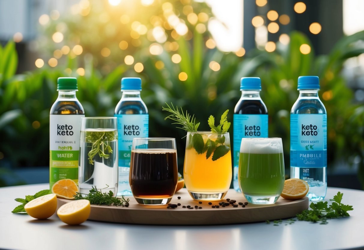 A table with various keto-friendly beverages including water, herbal tea, coffee, and sparkling water, surrounded by fresh fruits and herbs for garnish