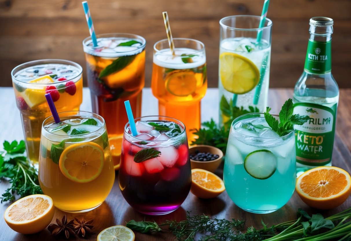 A table with a variety of keto-friendly non-alcoholic drinks, including iced tea, flavored water, and sparkling beverages, surrounded by fresh fruit and herbs for garnish