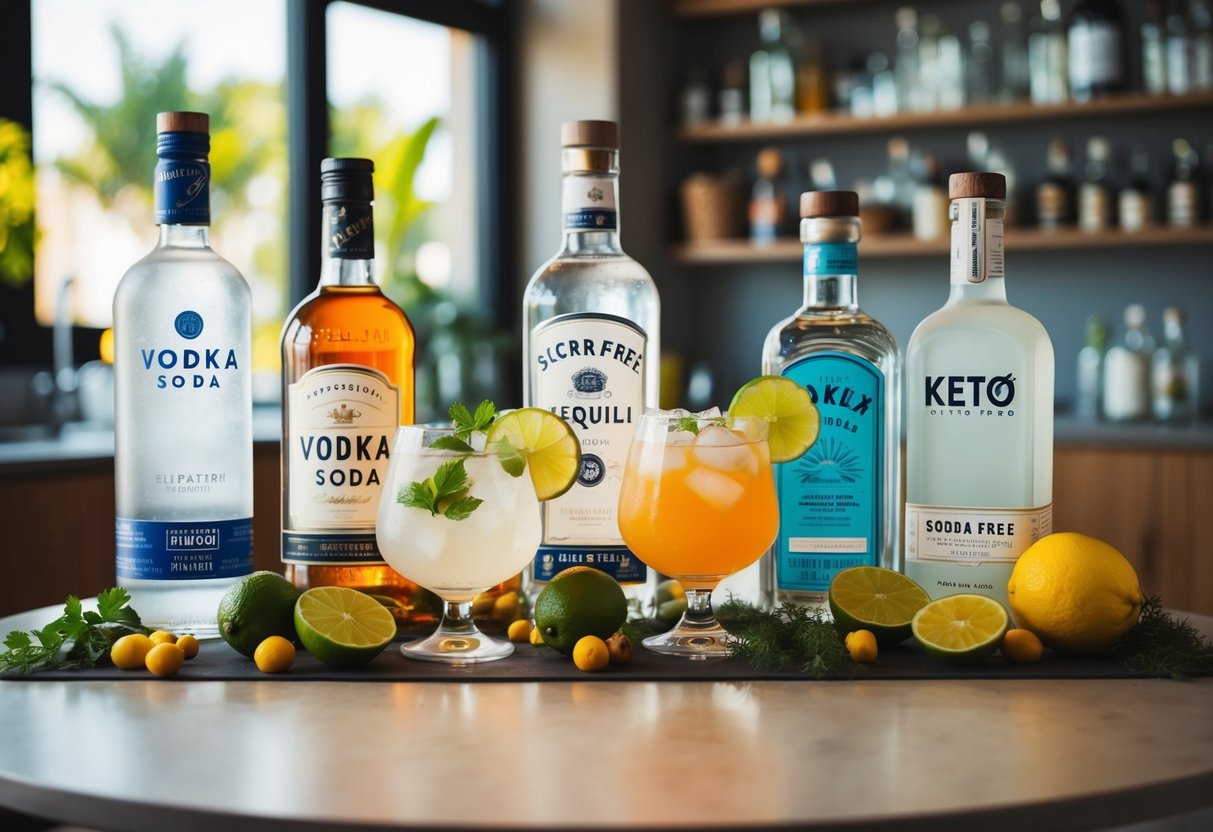 A table with a variety of keto-friendly alcoholic beverages, including vodka soda, tequila with lime, and sugar-free cocktails, surrounded by fresh fruits and herbs