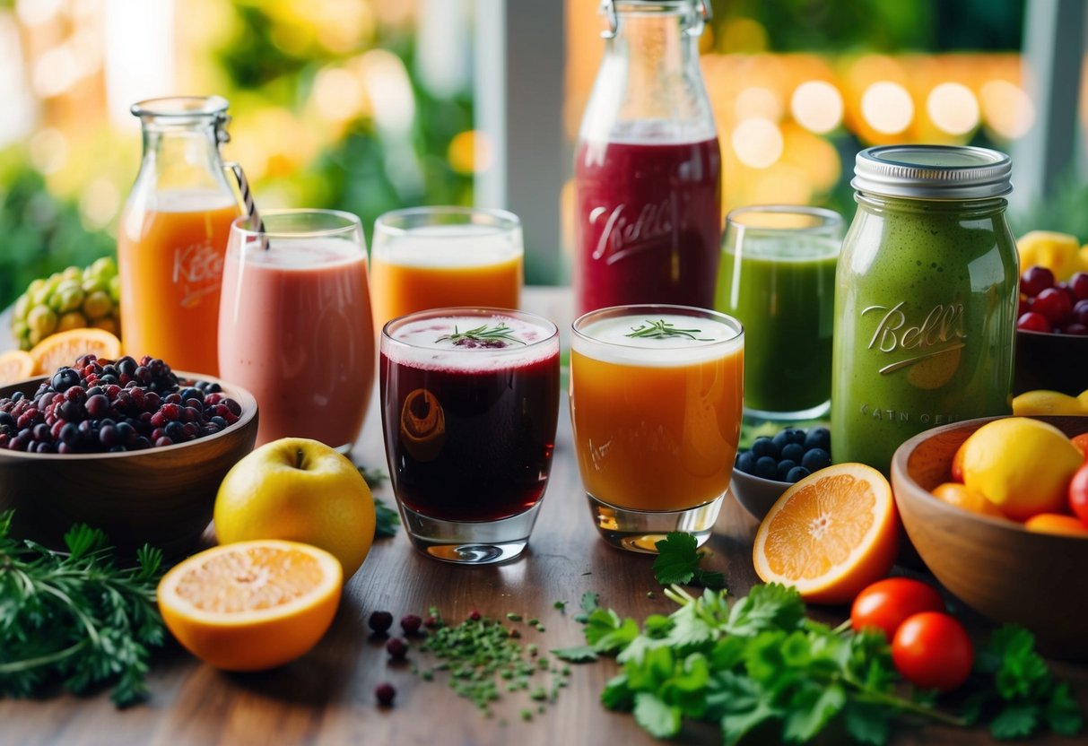 A table with various keto-friendly beverages, surrounded by colorful fruits and herbs