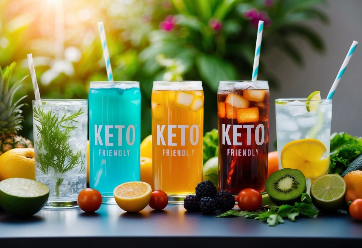 A table with a variety of keto-friendly drinks, including water, herbal teas, and sugar-free sodas, surrounded by fresh fruits and vegetables