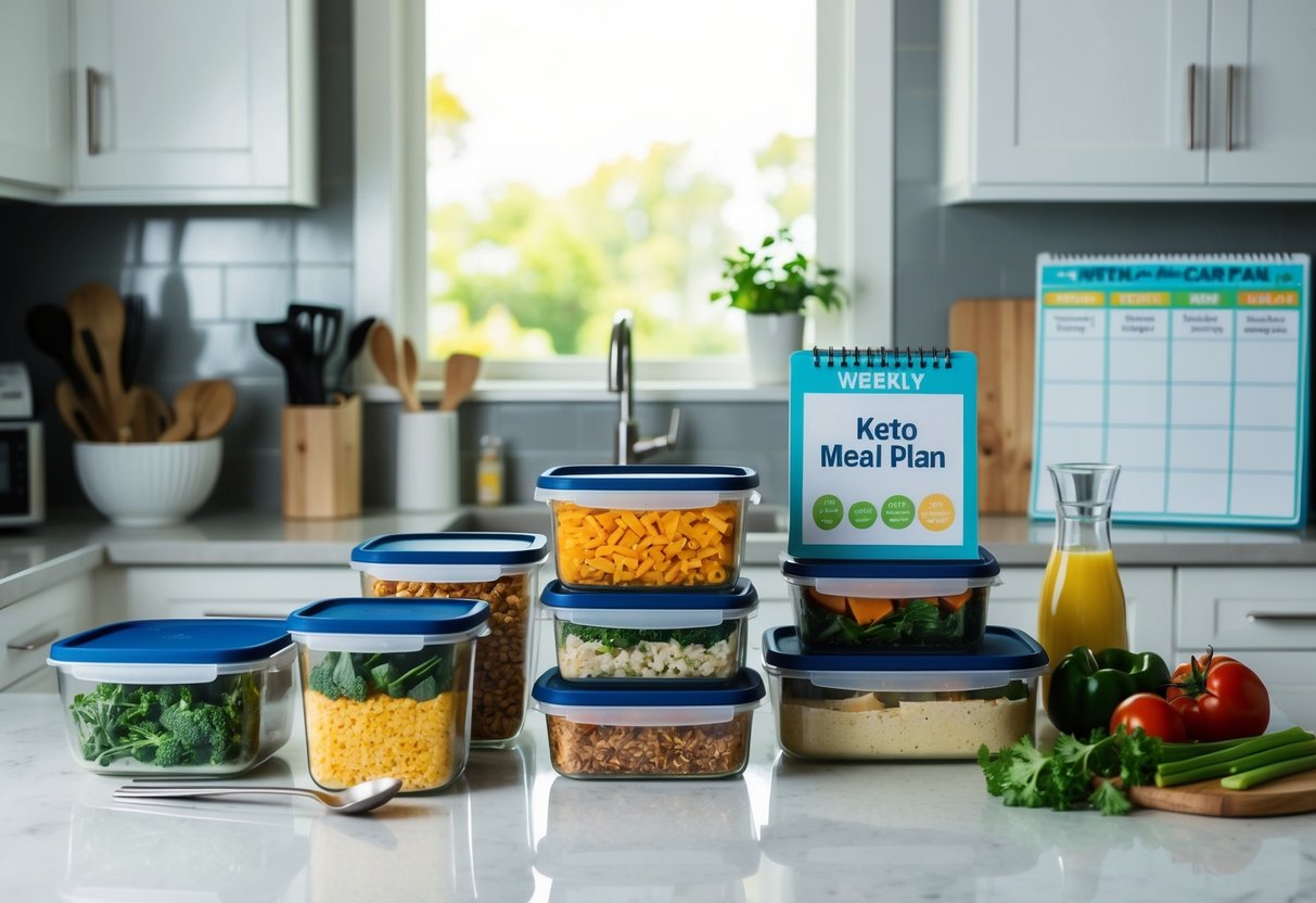 A kitchen counter with neatly organized containers of keto-friendly meals and ingredients, surrounded by cooking utensils and a weekly meal plan calendar