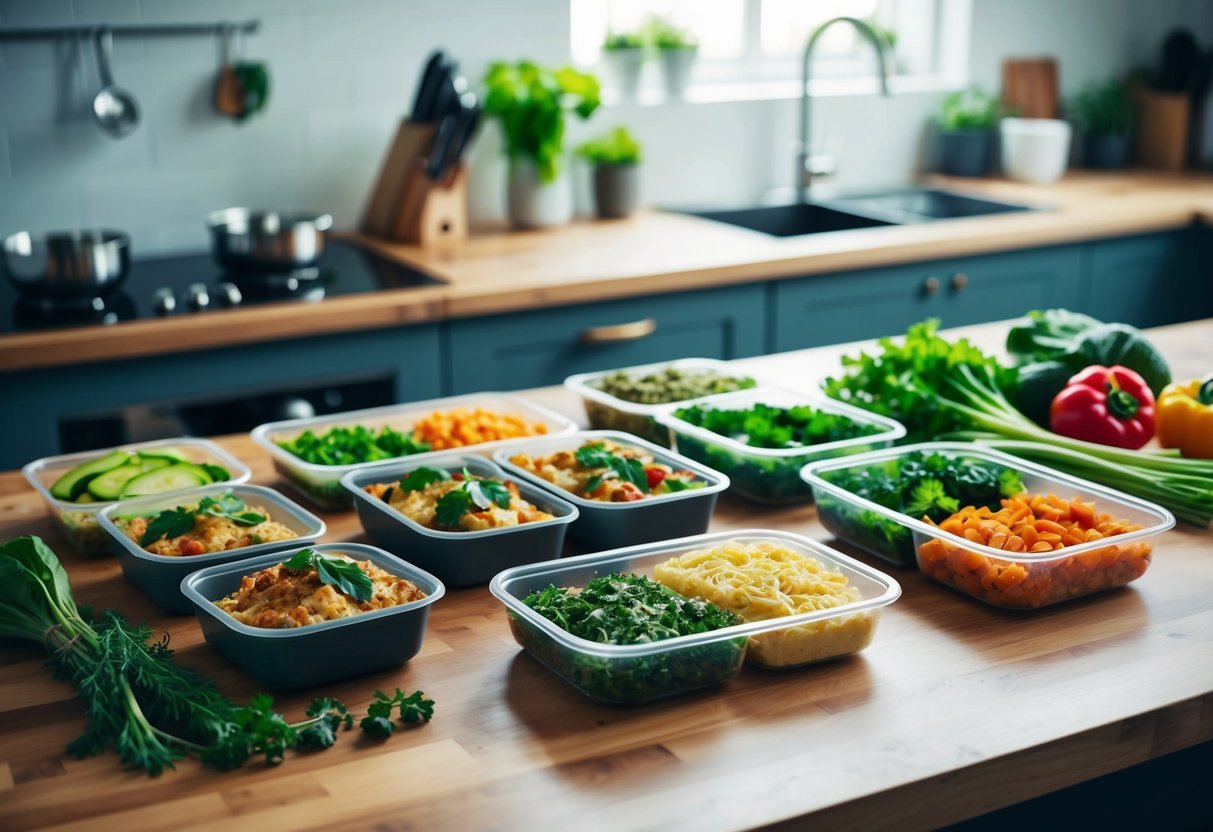 A kitchen counter with various prepped keto meals in containers, surrounded by fresh vegetables, herbs, and cooking utensils