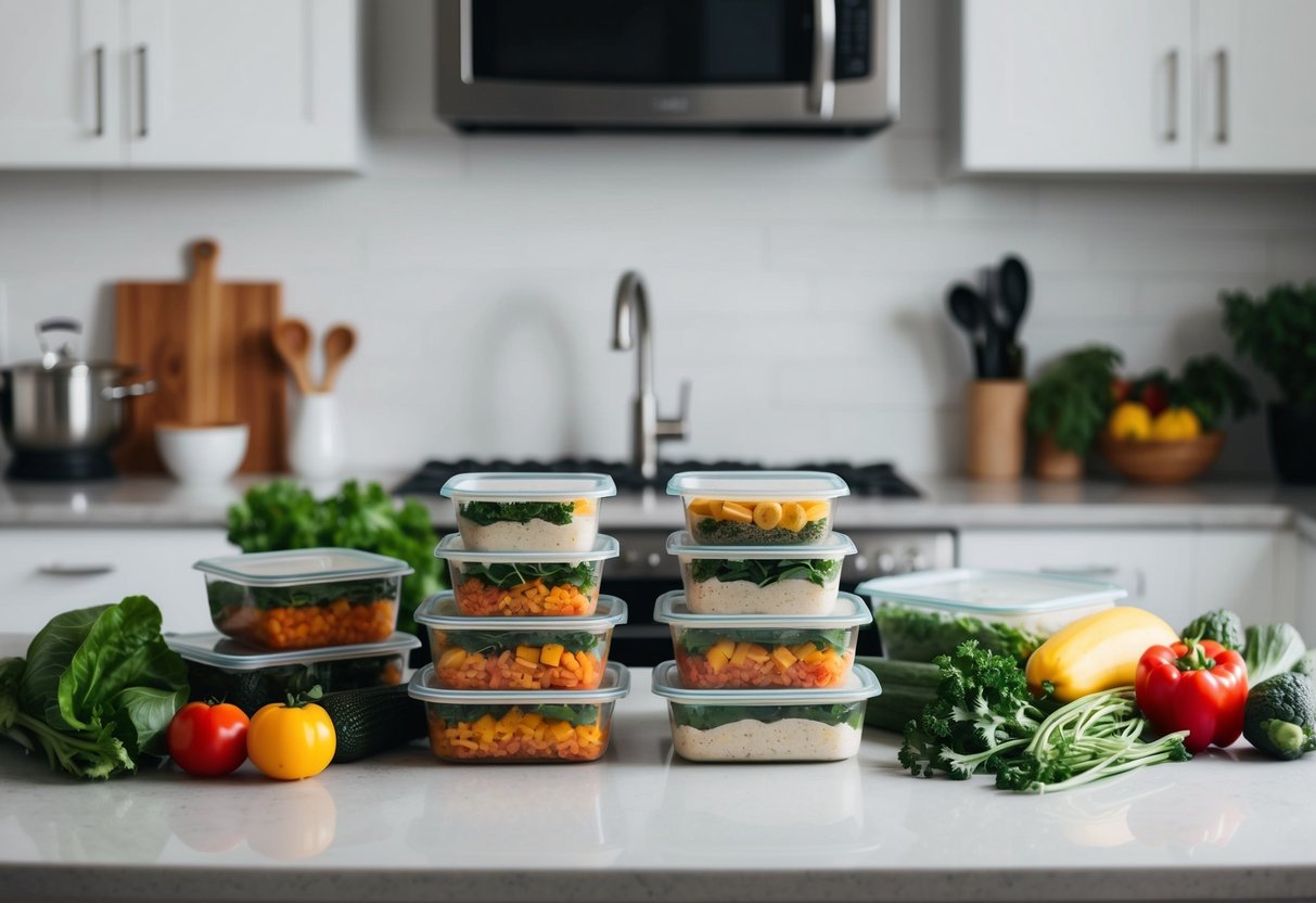 A kitchen counter with neatly organized containers of prepped keto meals, surrounded by fresh vegetables and cooking utensils